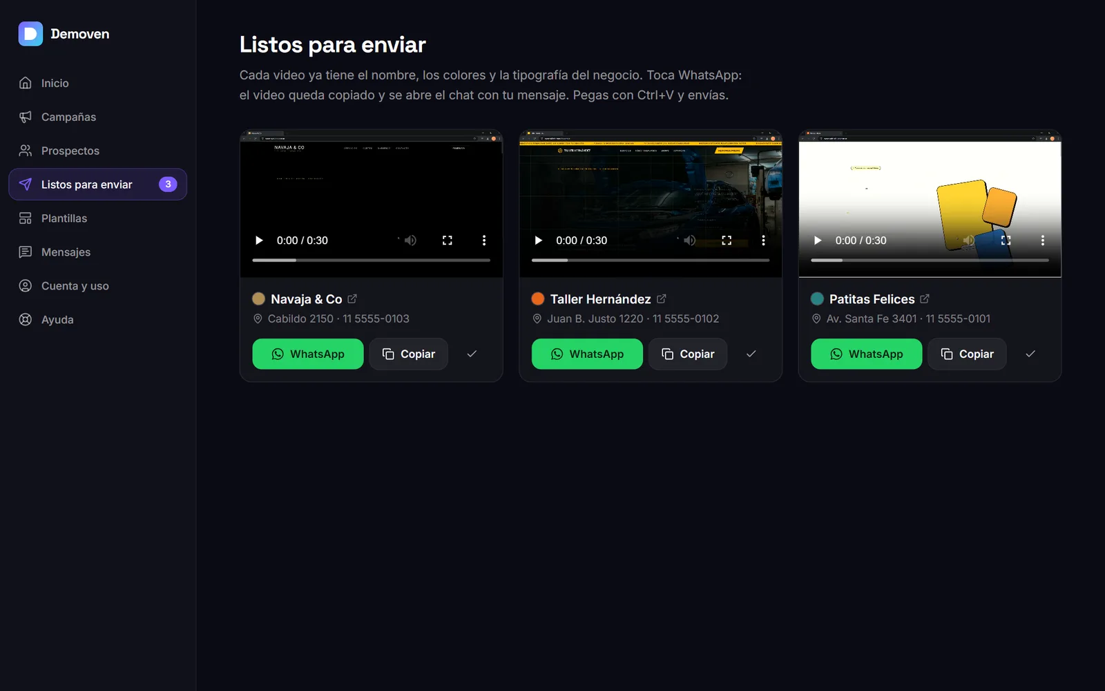 Bandeja de listos para enviar con los videos de cada negocio
