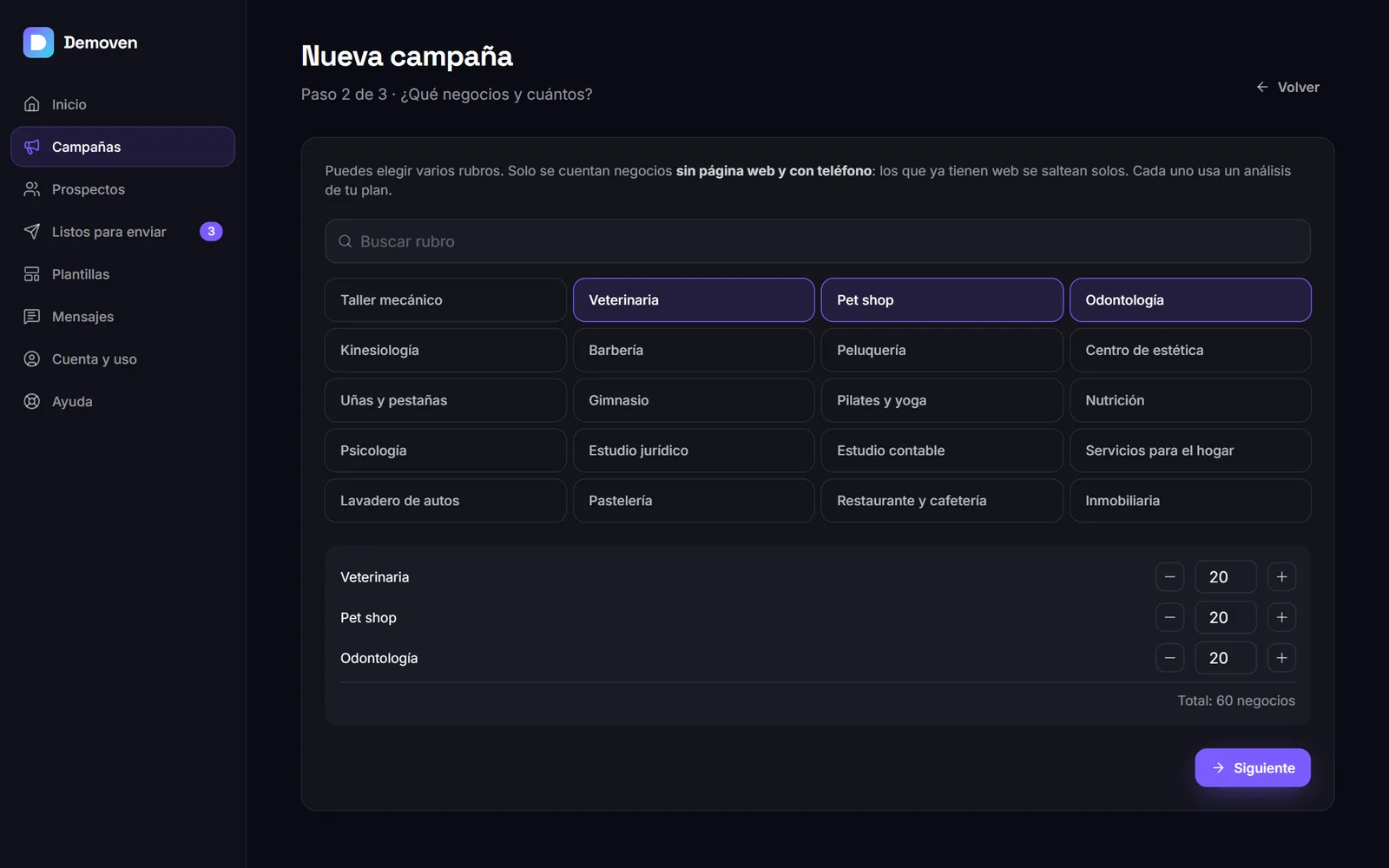 Pantalla de nueva campaña en el panel de Demoven